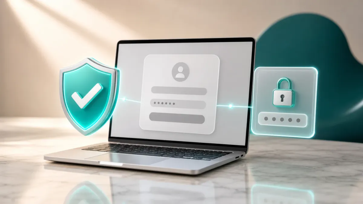 3D-Illustration eines leuchtenden Schutzschild-Icons vor einem Laptop mit abstrakter Login-Maske und einem Zwei-Faktor-Code-Symbol