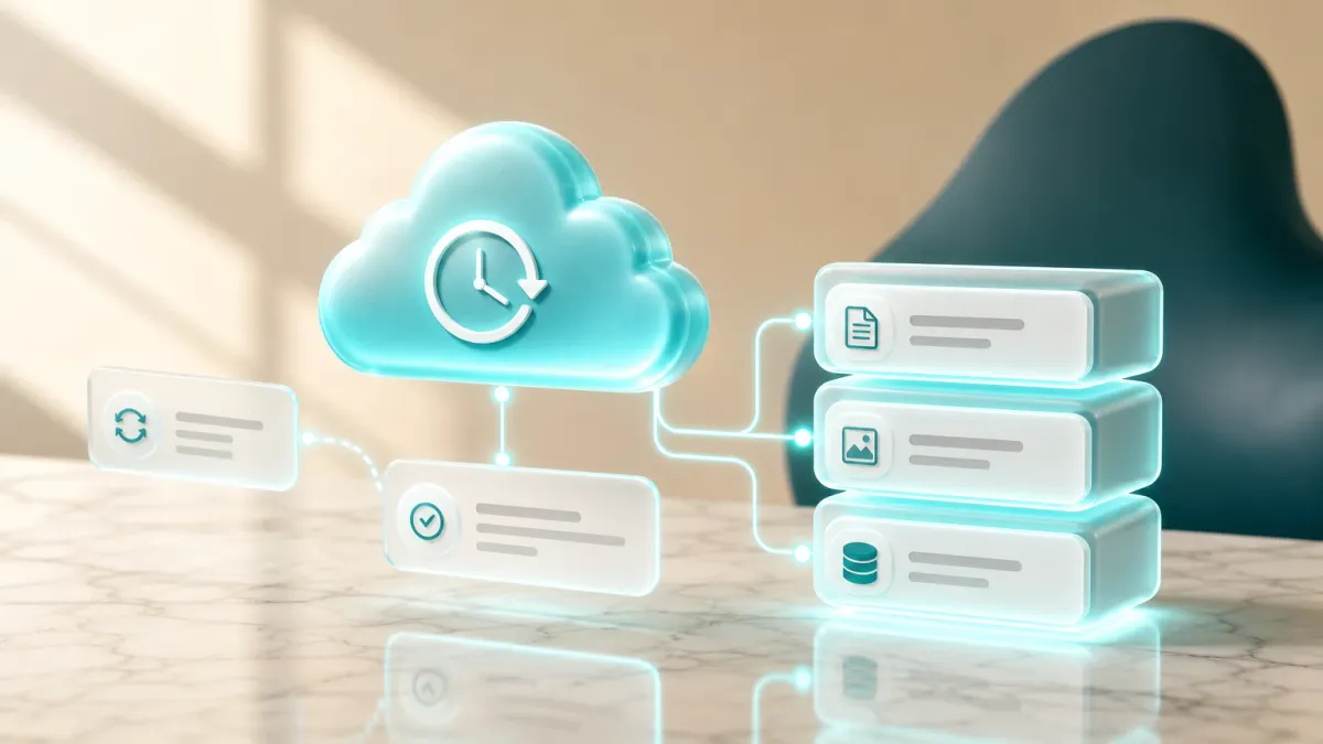 3D-Illustration einer leuchtenden Cloud mit Uhr-Symbol und mehreren gestapelten Datenbloecken, symbolisiert regelmaessige Backups