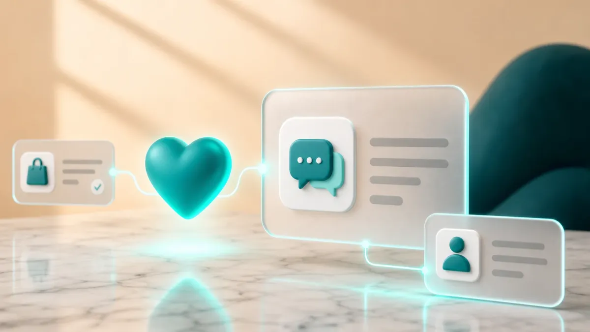3D-Illustration eines leuchtenden Herz-Icons neben einer Karte mit einem Nachricht-Symbol, symbolisiert persoenliche Nachkauf-Kommunikation