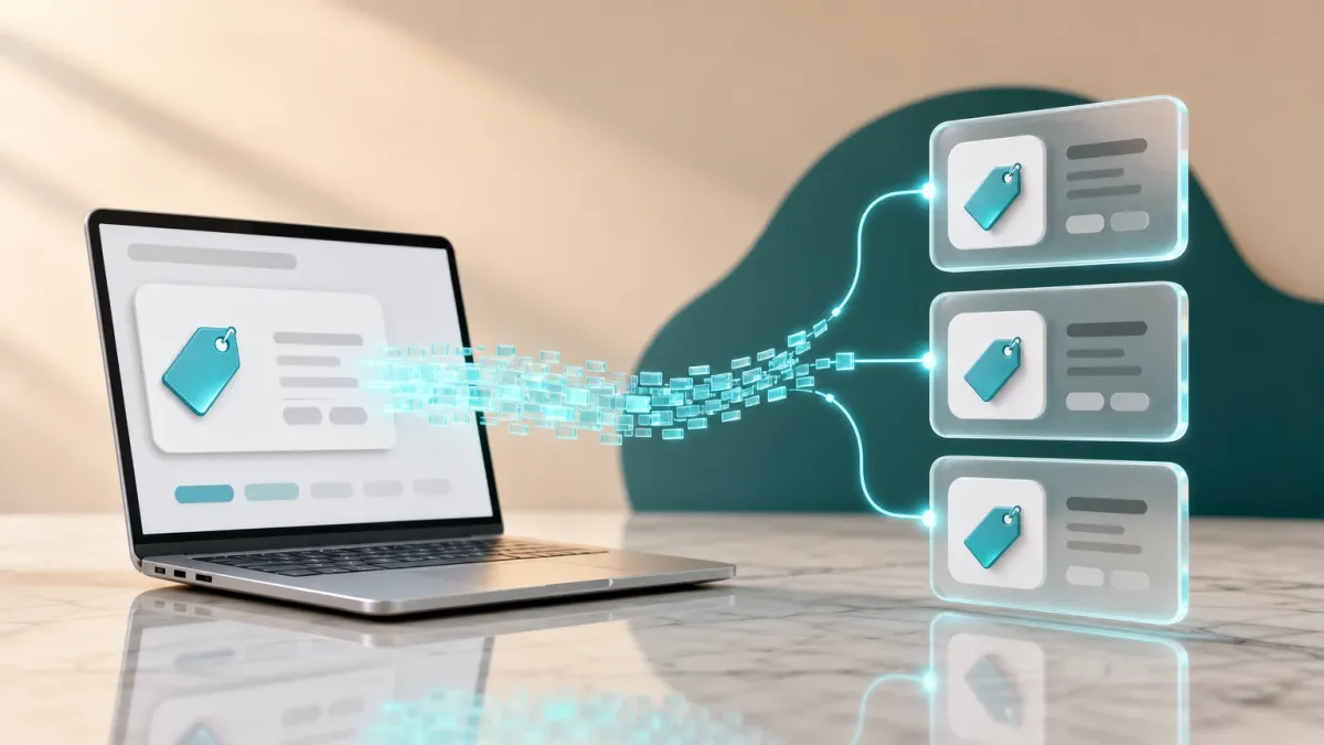 3D-Illustration eines Datenstroms aus leuchtenden Kacheln, der von einem Laptop zu mehreren Portal-Karten fliesst