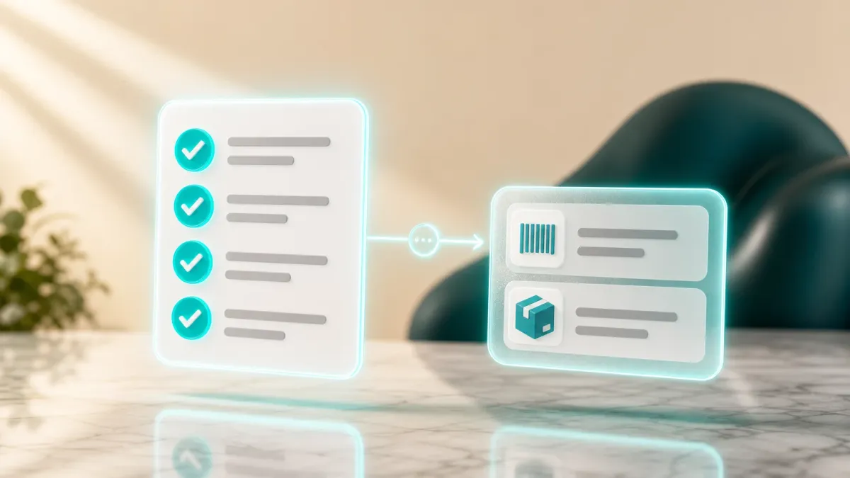 3D-Illustration eines leuchtenden Checklisten-Icons neben einem Barcode- und Versandbox-Symbol