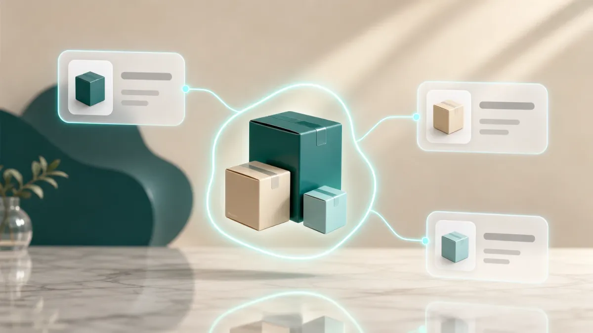 3D-Illustration von drei Paket-Icons unterschiedlicher Groesse, die durch eine leuchtende Linie zu einer Gruppe verbunden sind