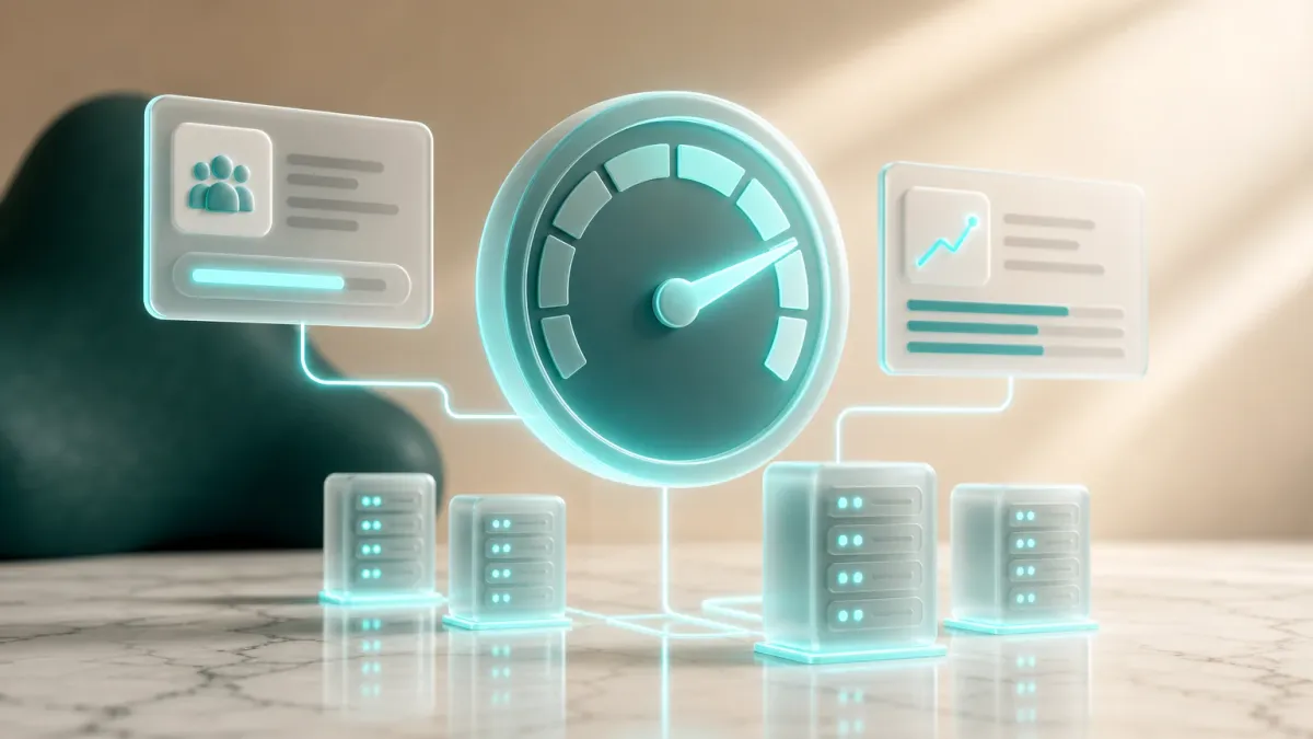 3D-Illustration eines leuchtenden Tacho-Icons mit Nadel im hohen Bereich neben mehreren Server-Rack-Symbolen