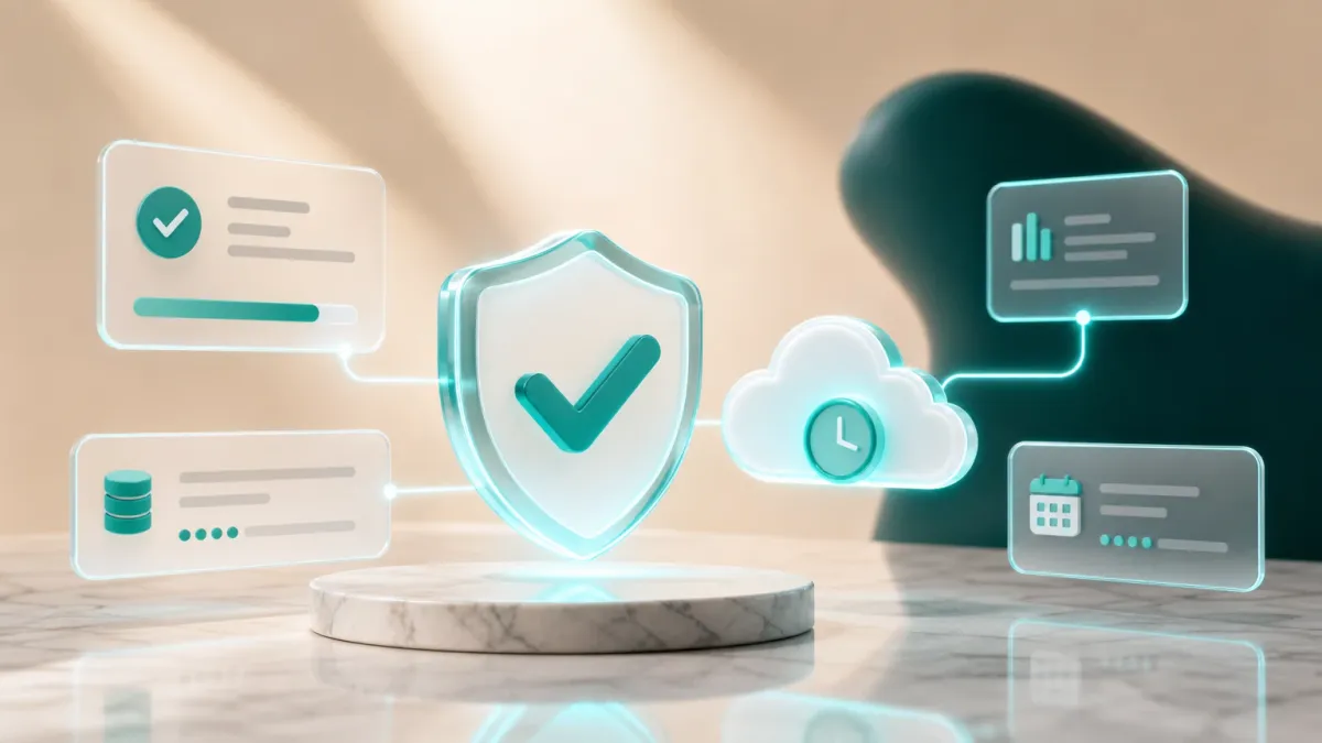 3D-Illustration eines leuchtenden Schutzschild-Icons neben einer Cloud mit Uhr-Symbol