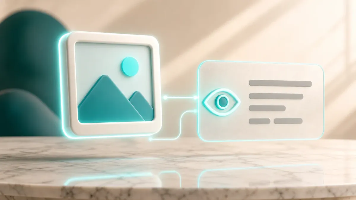 3D-Illustration eines leuchtenden Bilderrahmen-Icons neben einer Karte mit Textzeilen und einem Augen-Symbol