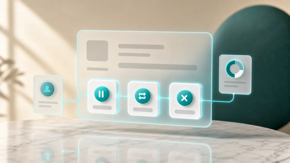 3D-Illustration von drei leuchtenden Schalter-Icons fuer Pausieren, Aendern und Kuendigen eines Abos