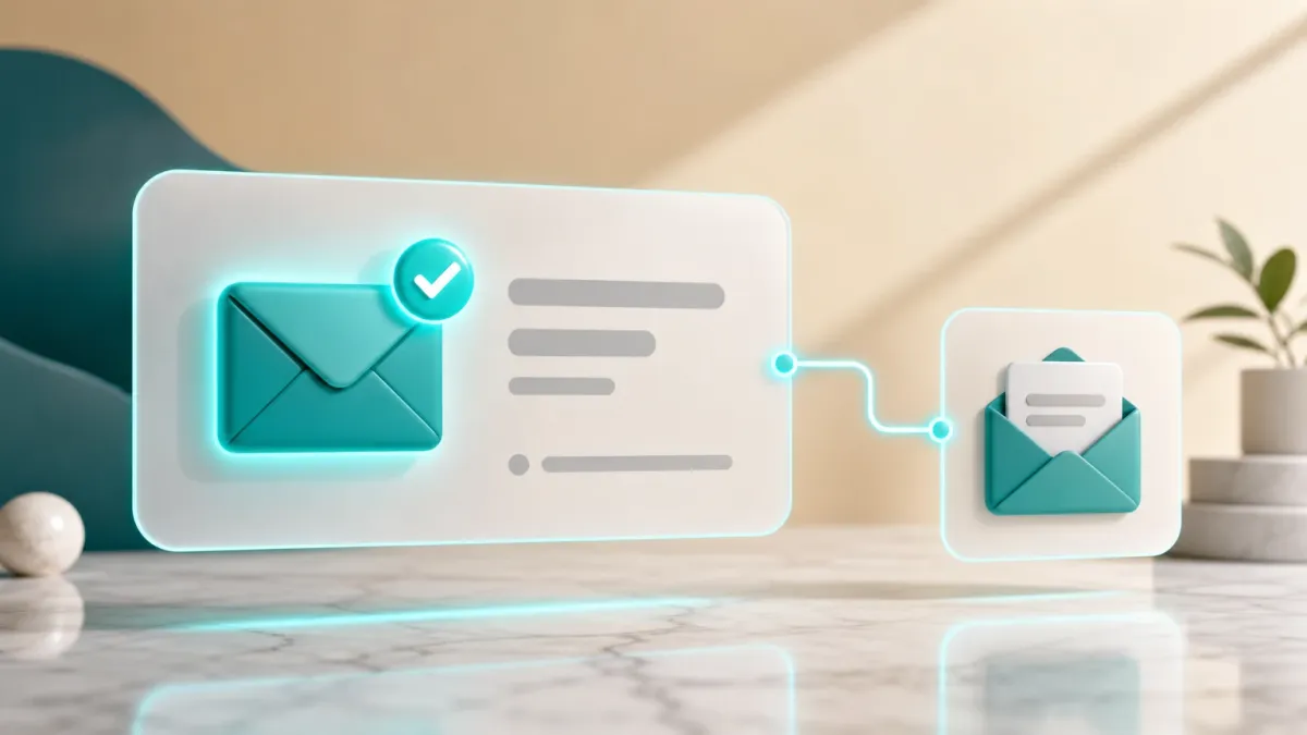 3D-Illustration eines leuchtenden Umschlag-Icons mit Haekchen-Symbol, verbunden mit einem zweiten kleineren Umschlag-Icon
