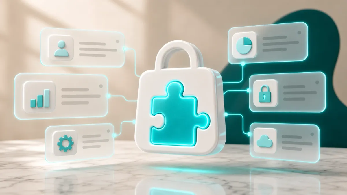 3D-Illustration eines leuchtenden Puzzleteil-Icons, das passgenau in ein Einkaufstaschen-Symbol einfuegt