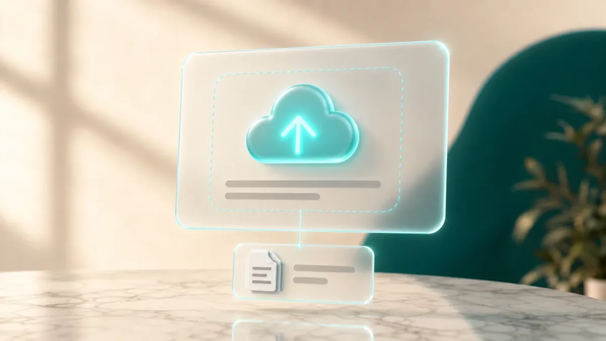 3D-Illustration eines leuchtenden Upload-Wolke-Icons ueber einem Dokumenten-Stapel-Symbol