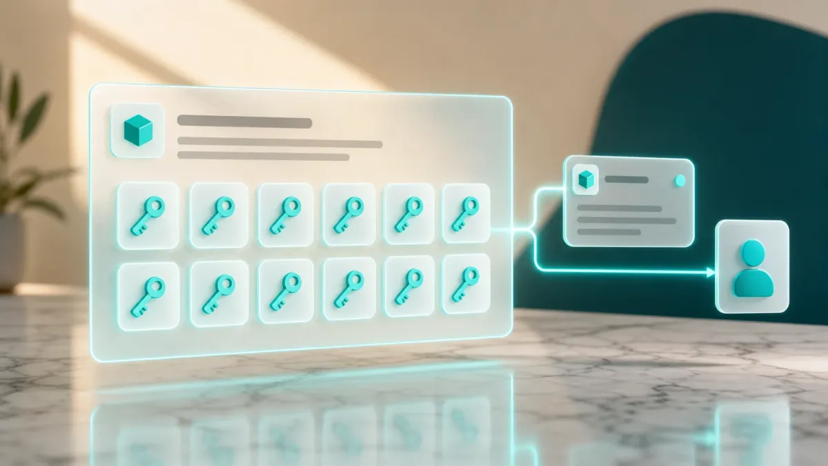 3D-Illustration eines Rasters aus mehreren leuchtenden Schluessel-Icons