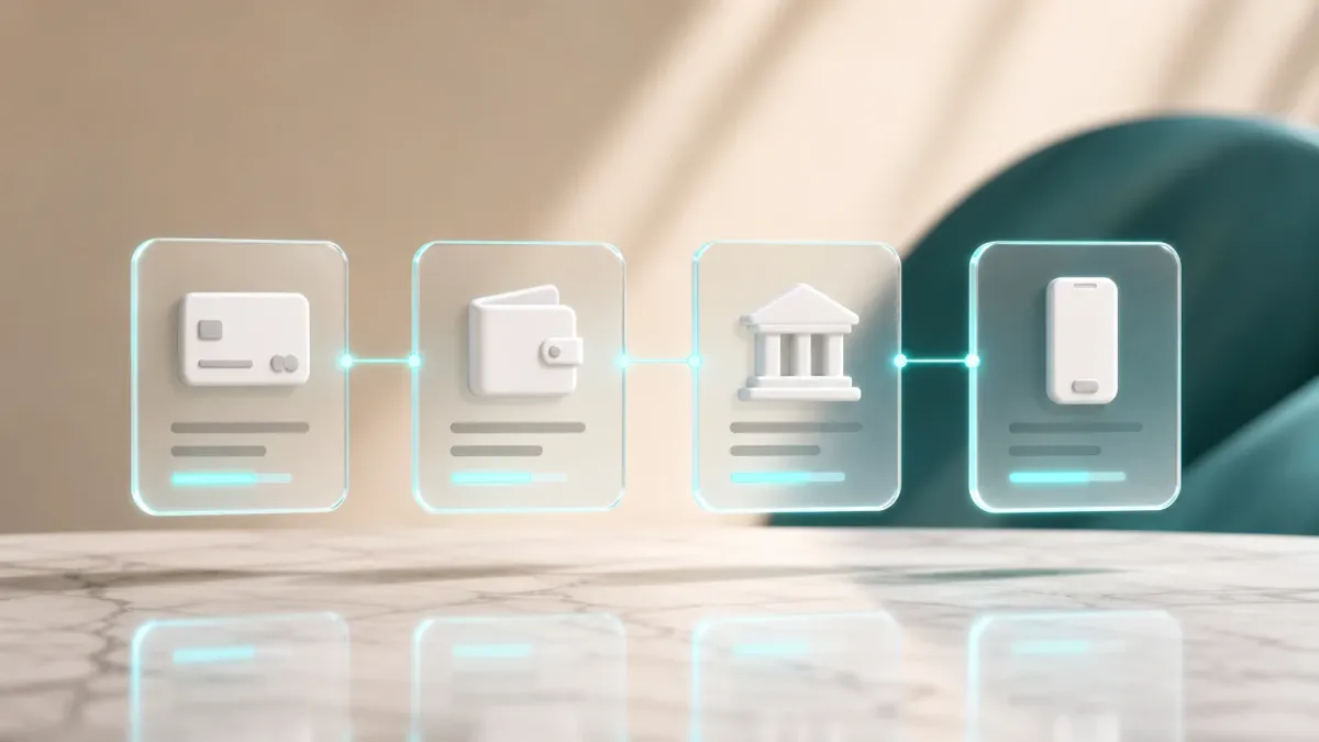 3D-Illustration von vier leuchtenden Icons in einer Reihe, verbunden durch duenne Linien