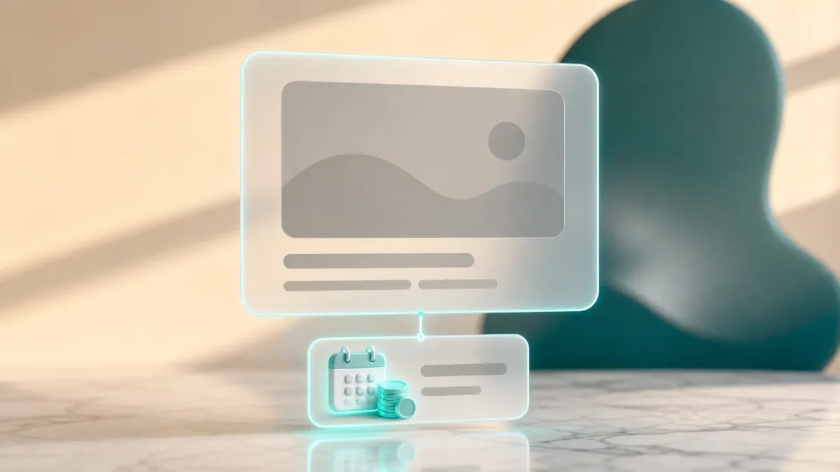 3D-Illustration einer Produktkarte mit einem leuchtenden Kalender-Muenzen-Icon darunter