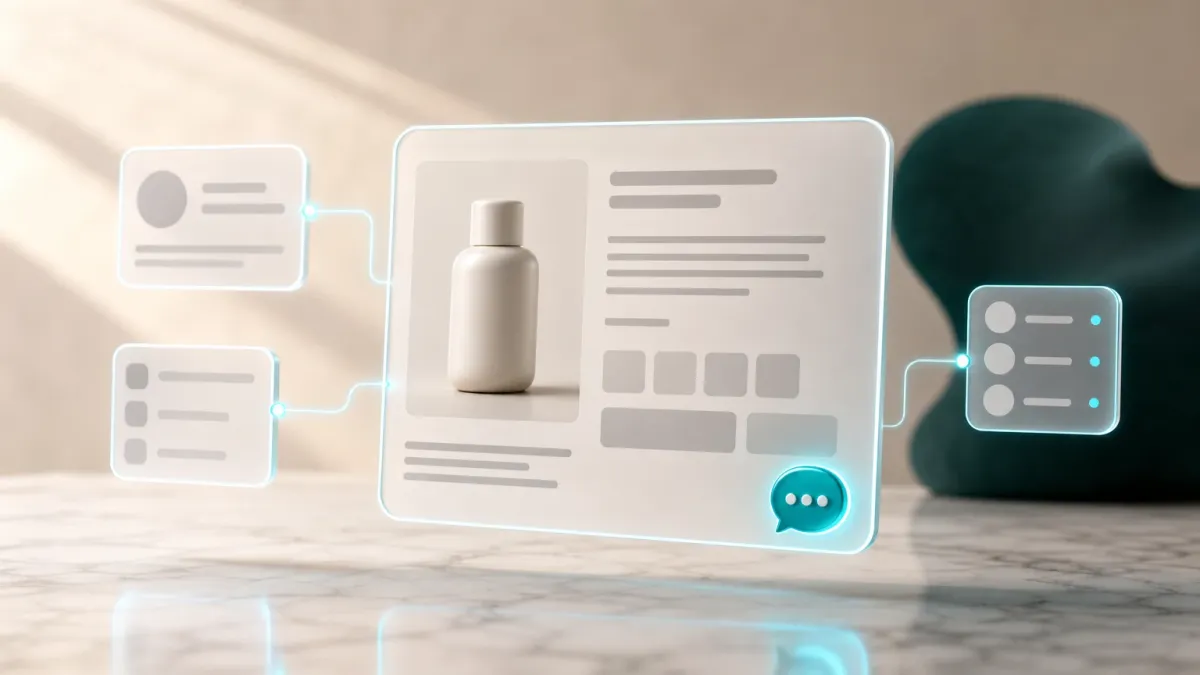 3D-Illustration einer Produktseite mit einem leuchtenden Chat-Icon in der unteren Ecke