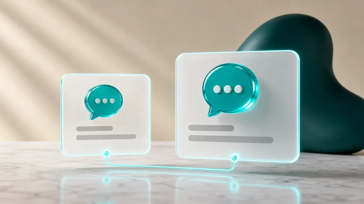 3D-Illustration von drei leuchtenden Chat-Icons in unterschiedlichen Groessen, verbunden durch duenne Linien