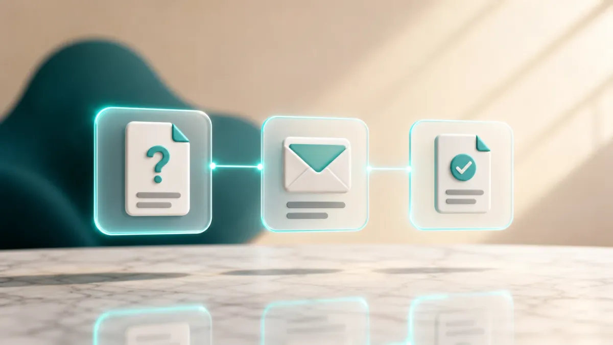 3D-Illustration von drei leuchtenden Icons: Dokument mit Fragezeichen, Umschlag und Dokument mit Haekchen, verbunden durch Linien
