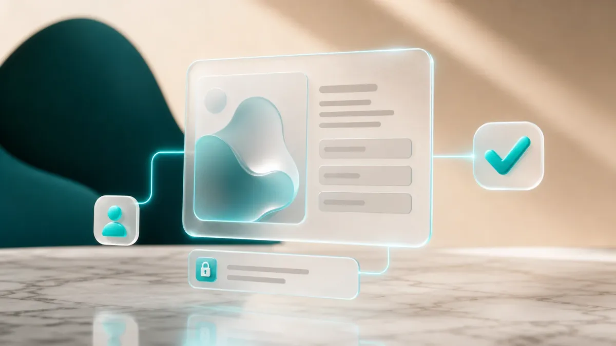3D-Illustration eines Formulars mit abstrakten Eingabefeldern und einem leuchtenden Haekchen-Icon