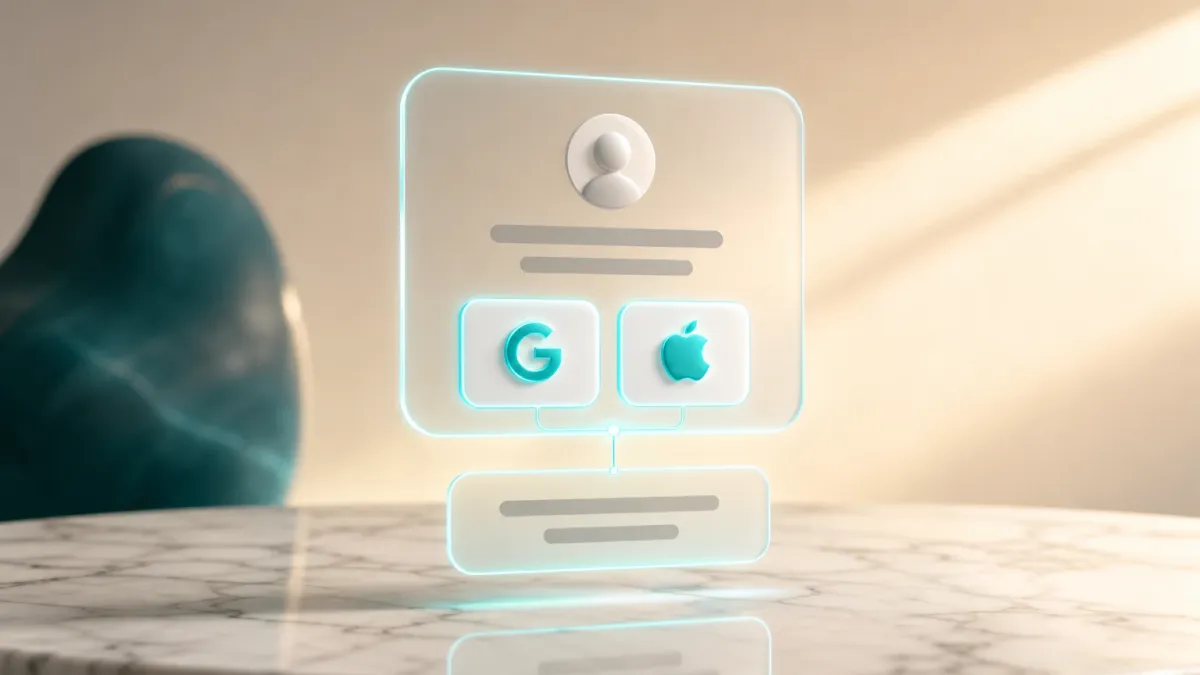 3D-Illustration von zwei leuchtenden Icons fuer Google- und Apple-Anmeldung nebeneinander