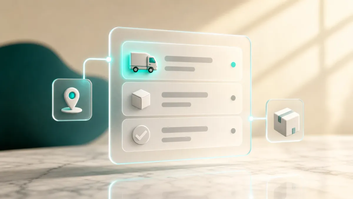 3D-Illustration einer Liste mit einem leuchtenden Lieferwagen-Icon fuer die Bestelluebersicht