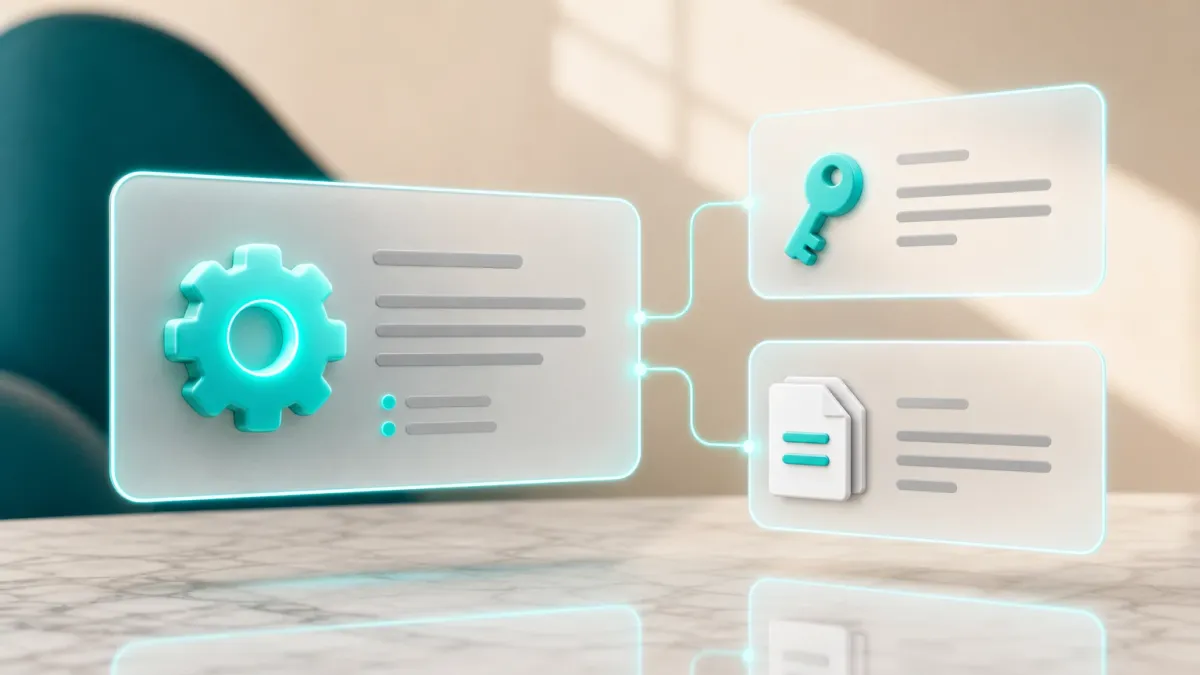 3D-Illustration eines leuchtenden Zahnrad-Icons neben einem Schluessel- und einem Dokumenten-Symbol