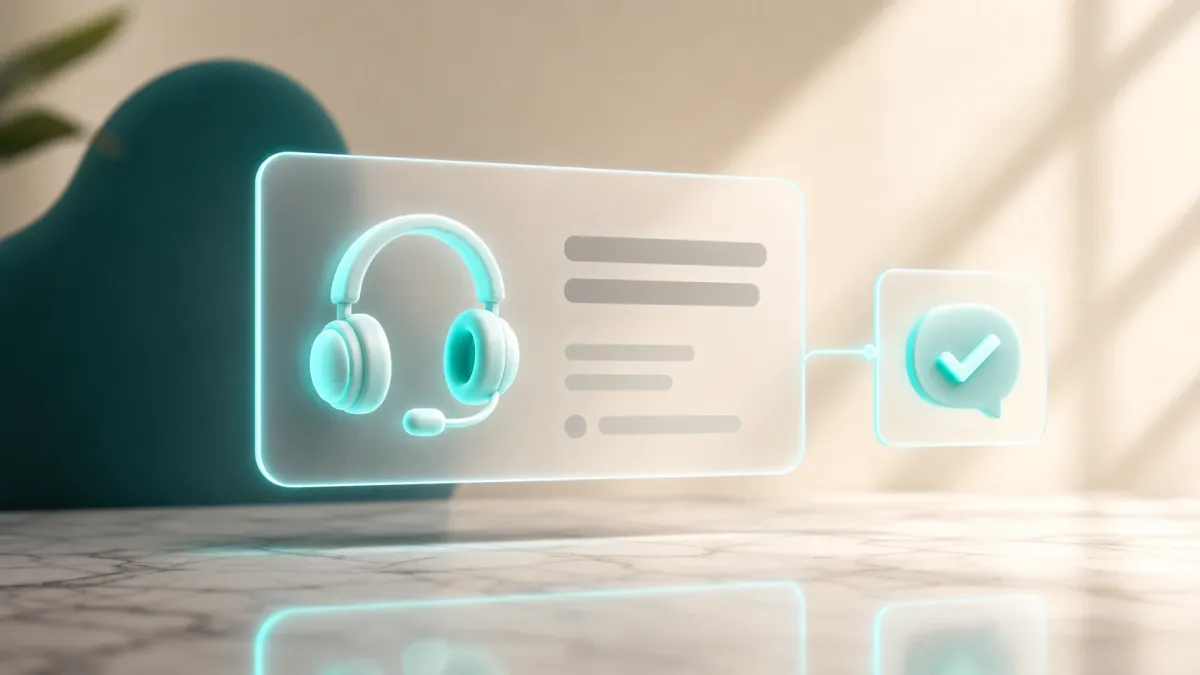 3D-Illustration eines leuchtenden Headset-Icons neben einer Sprechblase mit Haekchen