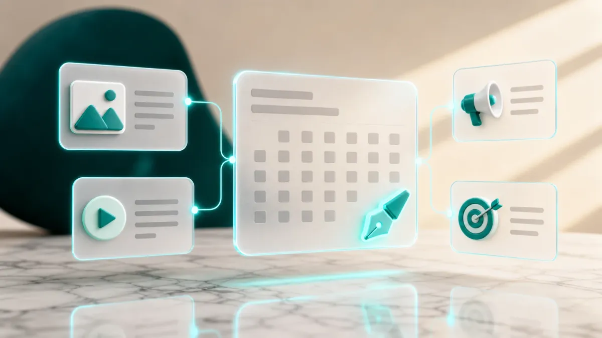 3D-Illustration eines Kalender-Rasters mit einem leuchtenden Stift-Icon fuer einen Redaktionsplan