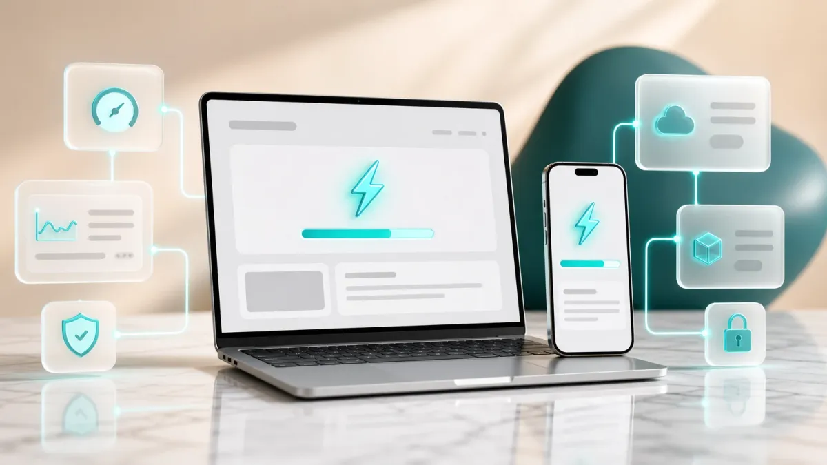3D-Illustration von Laptop und Smartphone nebeneinander mit einem leuchtenden Blitz-Icon fuer schnelle Ladezeiten