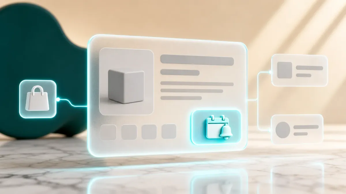 3D-Illustration einer Produktkachel mit einem leuchtenden Kalender-Glocken-Icon fuer den Vorbestell-Button
