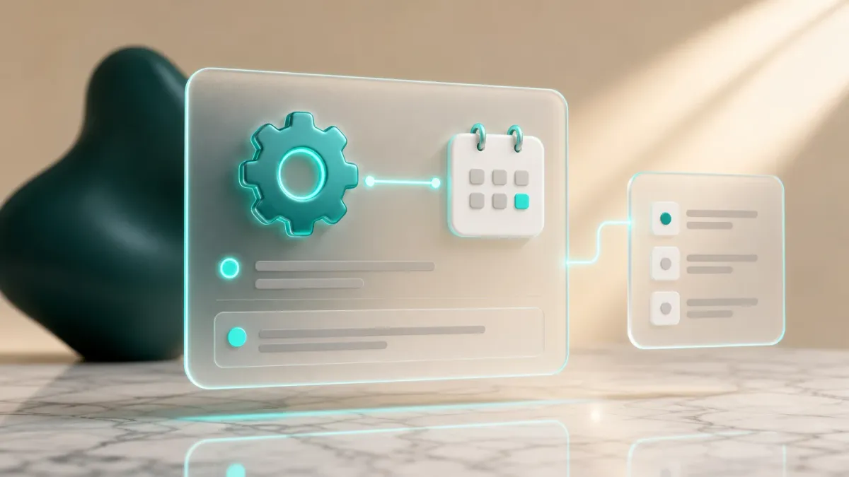 3D-Illustration eines leuchtenden Zahnrad-Icons neben einem Kalender-Datum-Symbol fuer die Backend-Konfiguration