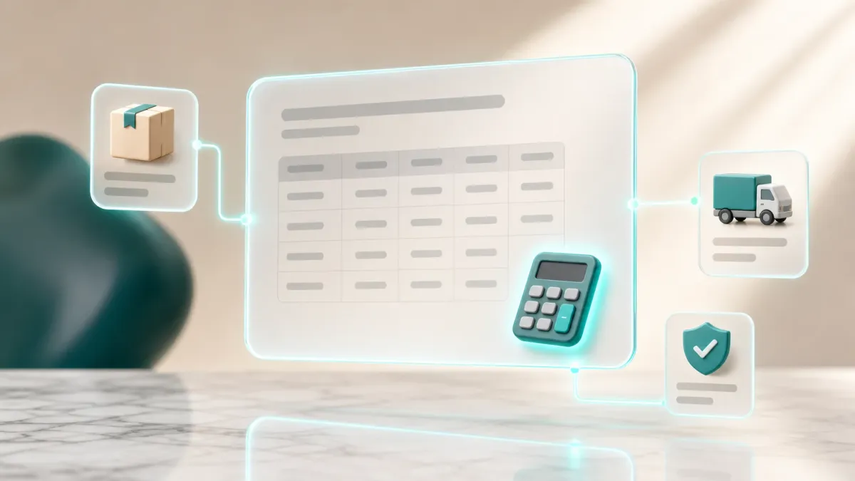 3D-Illustration einer Tabelle mit einem leuchtenden Taschenrechner-Icon fuer die Berechnung der Versandkosten-Schwelle