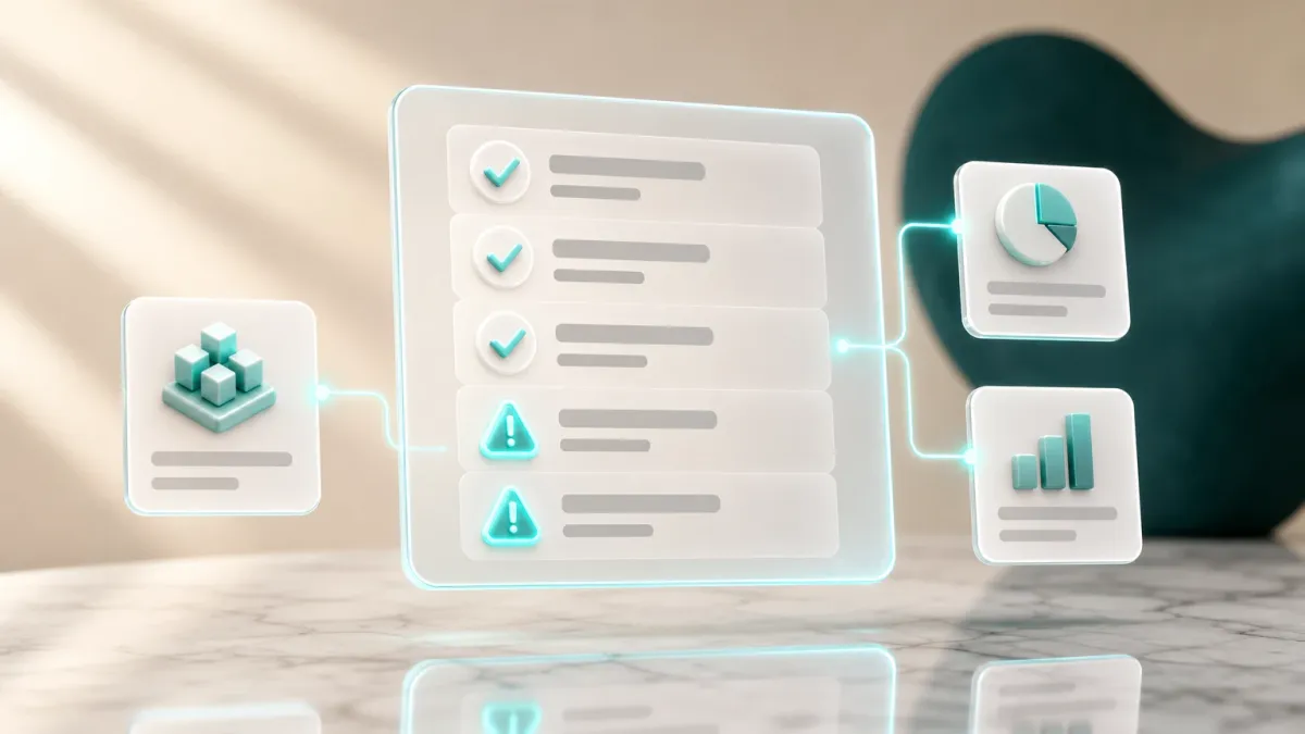 3D-Illustration einer Liste mit einem leuchtenden Haekchen-Icon und einem Warndreieck fuer den Indexierungsbericht