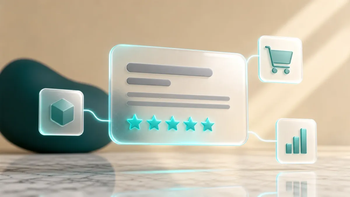 3D-Illustration eines Suchergebnis-Snippets mit leuchtenden Sternebewertungs-Icons fuer ein Produkt-Rich-Result