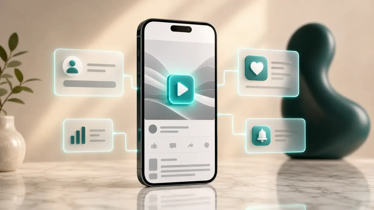 3D-Illustration eines Smartphones mit einem leuchtenden Play-Button auf einem Video-Thumbnail