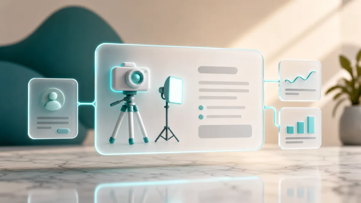 3D-Illustration einer Kamera auf einem Stativ neben einem Softbox-Licht-Icon fuer ein einfaches Video-Setup
