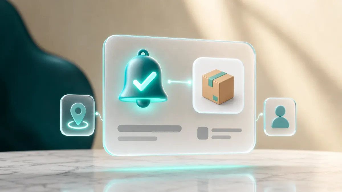 3D-Illustration eines leuchtenden Glocken-Haekchen-Icons neben einem Paket-Symbol fuer die Abholbereit-Benachrichtigung
