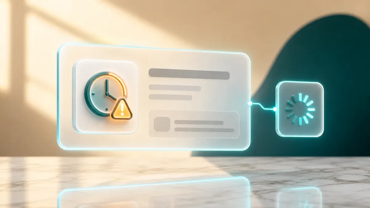 3D-Illustration eines leuchtenden Uhr-Warnsymbols neben einem Ladeindikator fuer eine langsam ladende Website