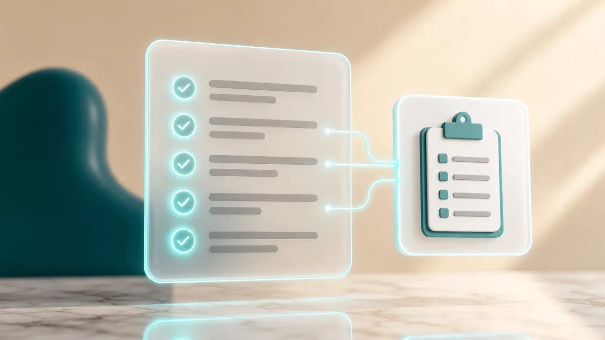 3D-Illustration einer Checkliste mit leuchtenden Haekchen neben einem Klemmbrett-Icon fuer die Migrationsplanung