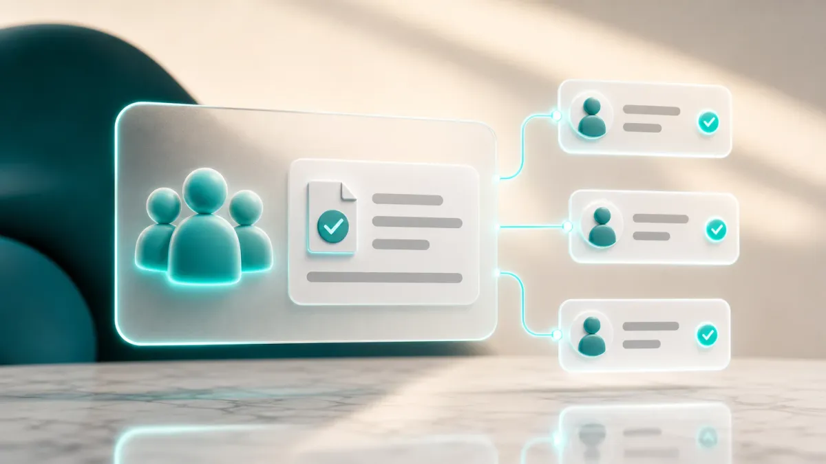 3D-Illustration einer leuchtenden Personengruppe neben einem Dokument-Haekchen-Icon fuer die Team-Bestellpruefung
