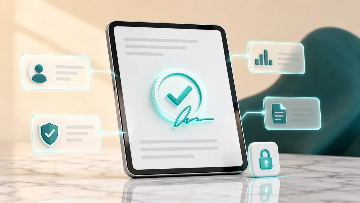 3D-Illustration eines Tablets mit einem leuchtenden Haekchen-Unterschrift-Icon fuer die Bestellfreigabe