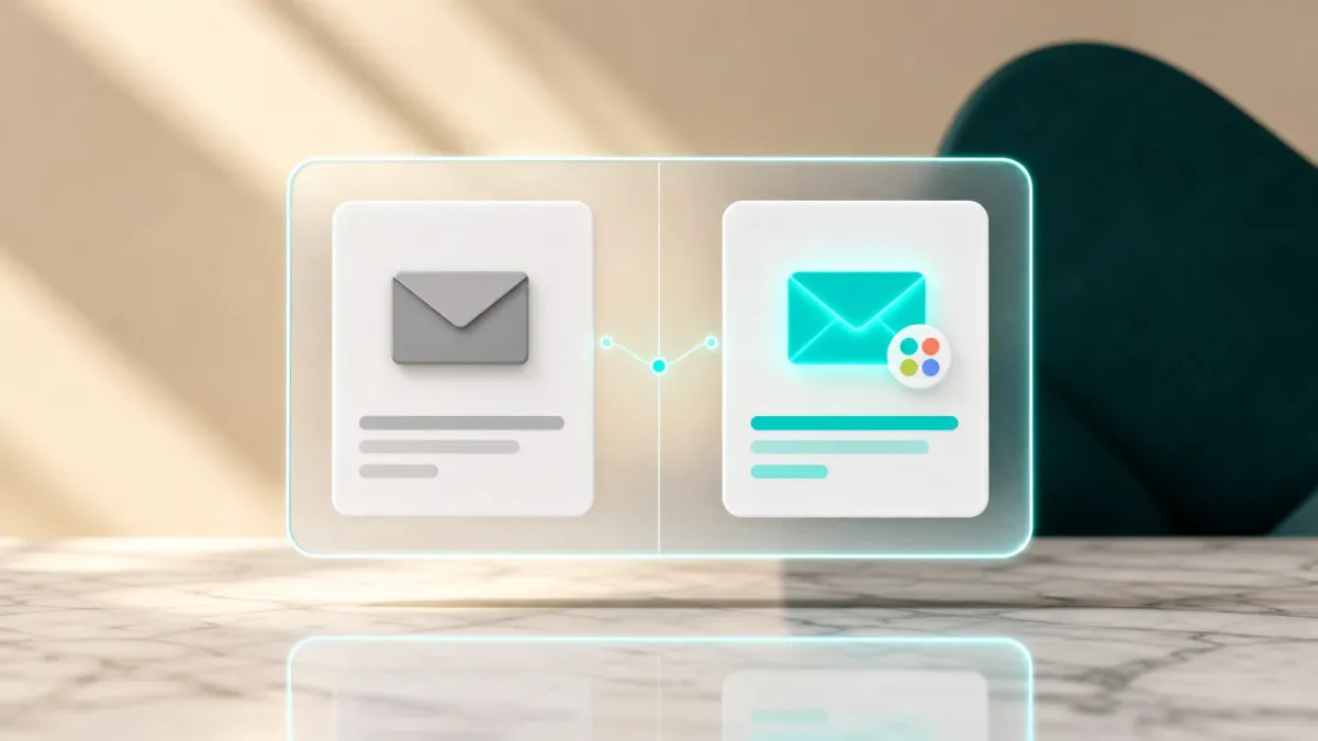 3D-Illustration zweier Briefumschlag-Icons im Vergleich: schlicht grau links, leuchtend tuerkis mit Markenfarbe rechts