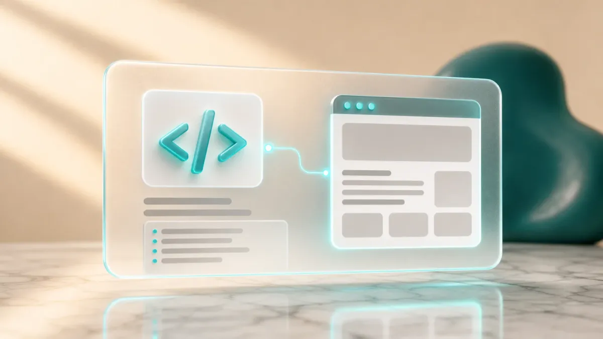 3D-Illustration eines leuchtenden Code-Klammern-Icons neben einem Vorschaufenster fuer den E-Mail-Vorlagen-Editor