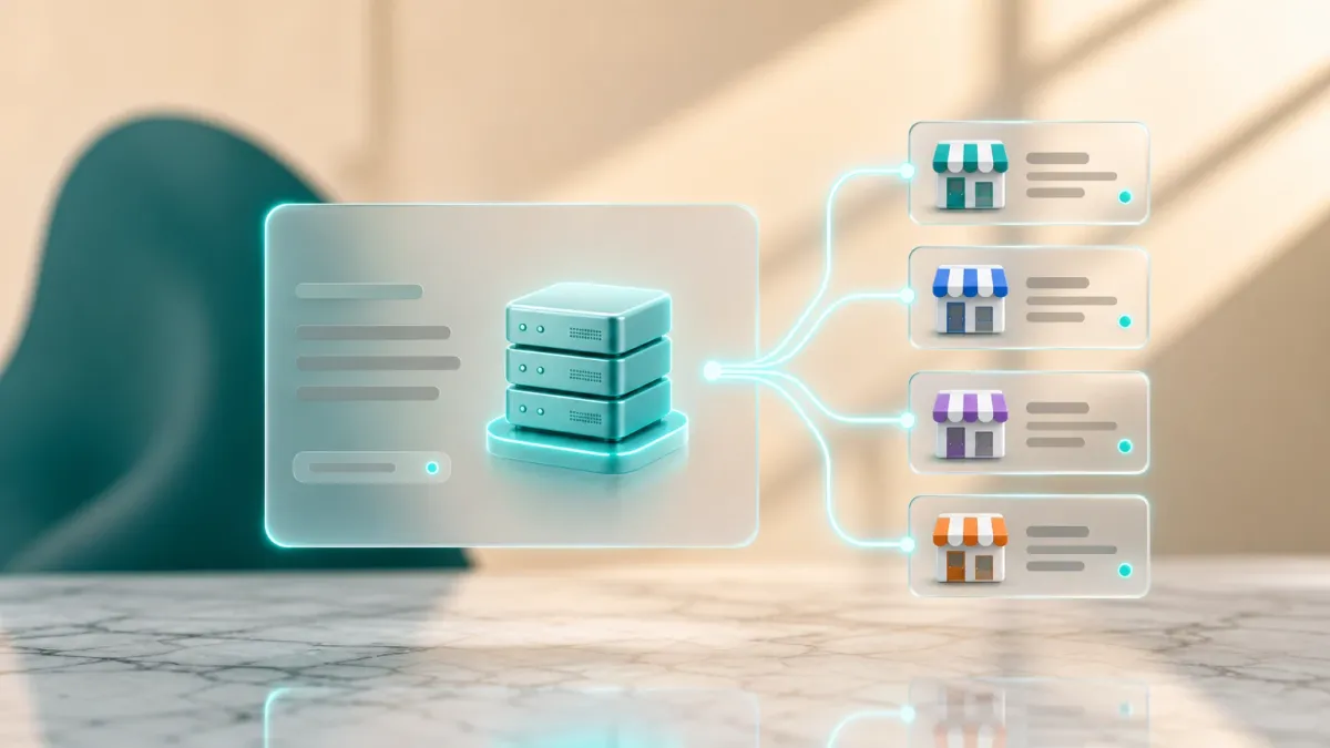 3D-Illustration eines leuchtenden Server-Icons mit mehreren duennen Verbindungslinien zu kleinen Laden-Symbolen