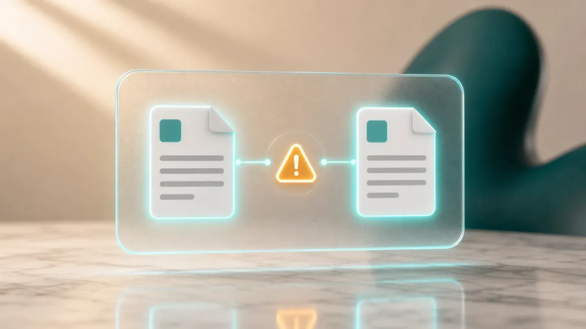 3D-Illustration zweier fast identischer Dokument-Icons mit einem leuchtenden Warndreieck dazwischen