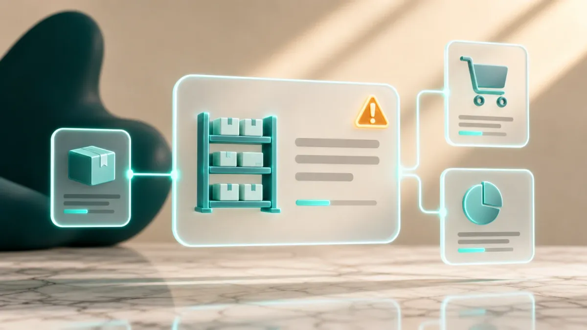 3D-Illustration eines leuchtenden Lagerregal-Icons mit Paketen und einem Warndreieck fuer den Mindestbestand