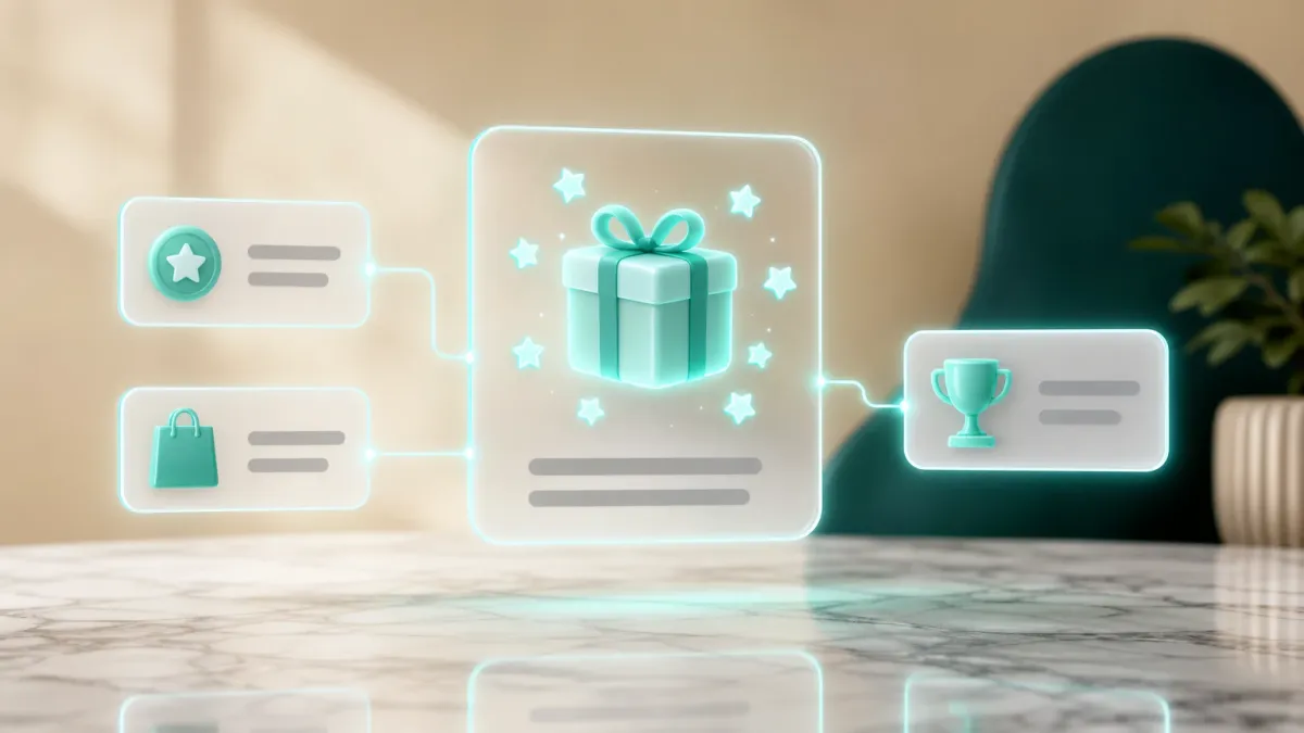 3D-Illustration eines leuchtenden Geschenk-Icons umgeben von mehreren kleinen Stern-Symbolen fuer gesammelte Treuepunkte