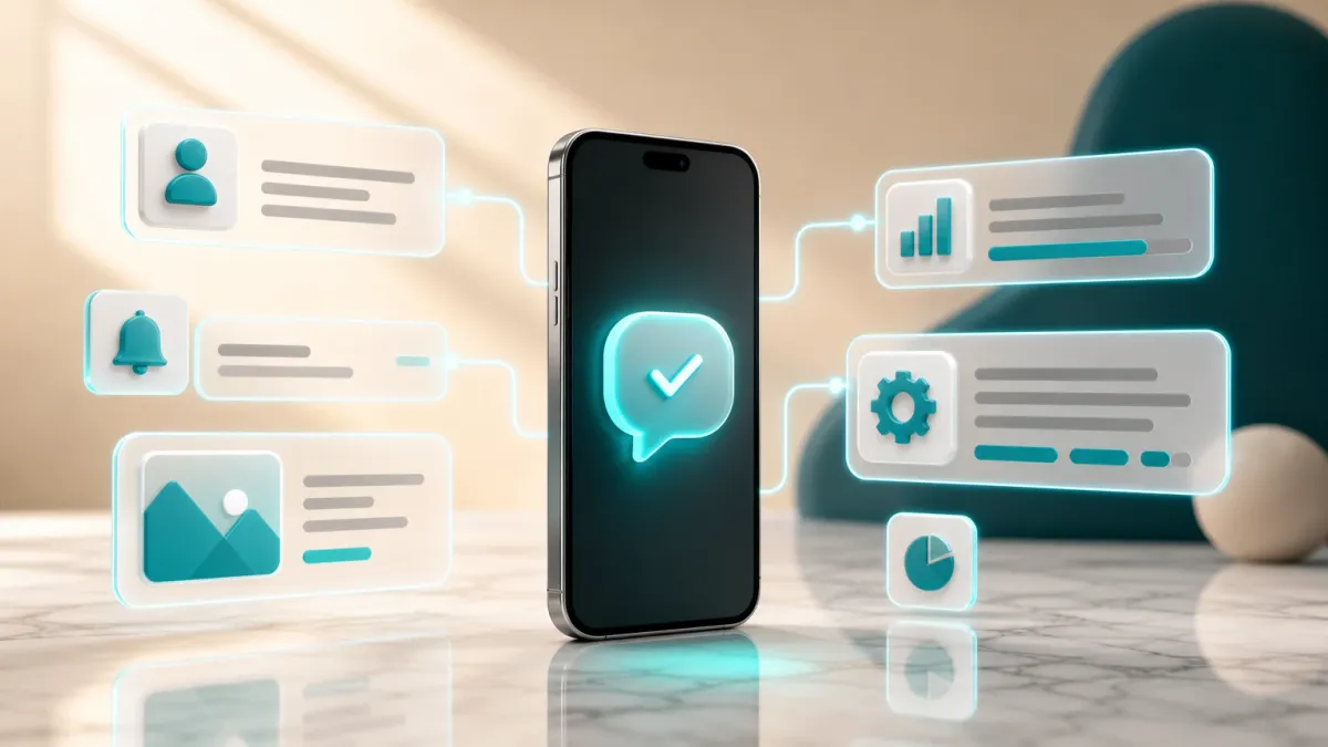 3D-Illustration eines Smartphones mit einem leuchtenden Chat-Sprechblasen-Icon und einem Haekchen-Symbol darin