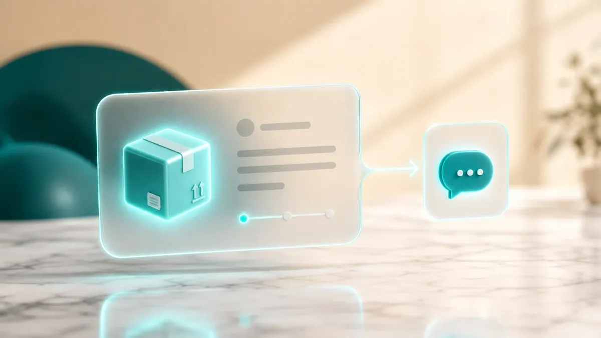 3D-Illustration eines leuchtenden Versandkarton-Icons mit einem Pfeil zu einem kleinen Chat-Symbol