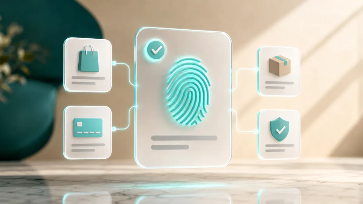3D-Illustration eines grossen leuchtenden Fingerabdruck-Icons auf einer Glaskarte