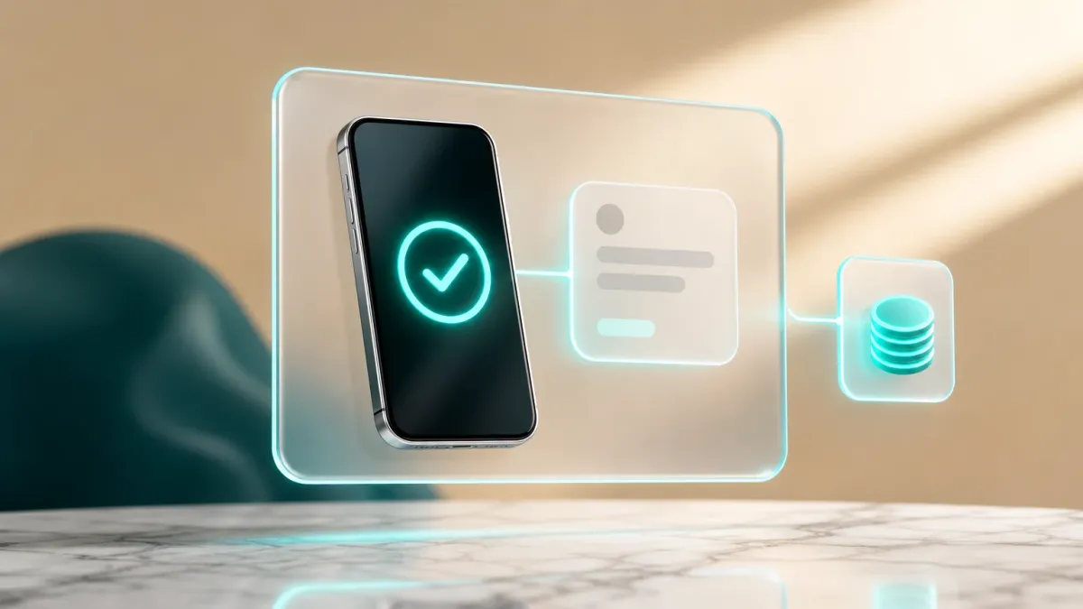 3D-Illustration eines Smartphones mit leuchtendem Haekchen-Symbol und einem kleinen Muenzstapel-Icon daneben