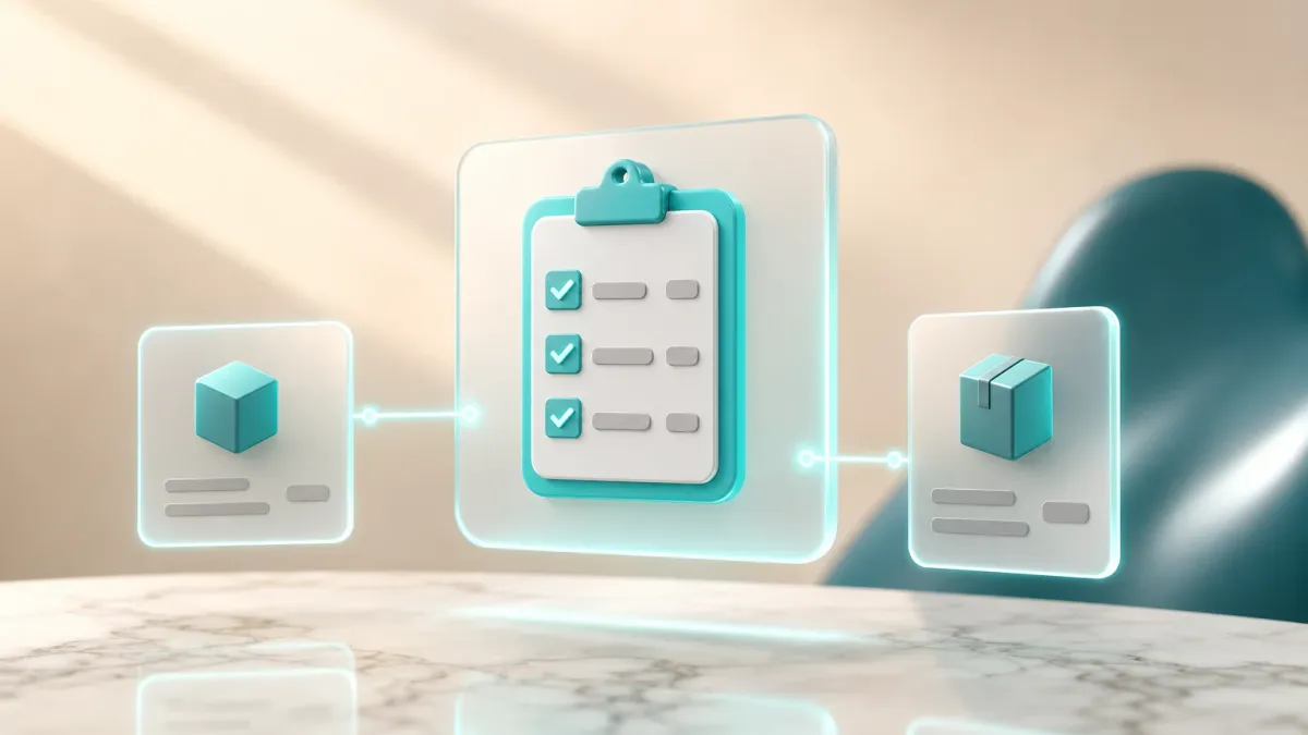 3D-Illustration eines leuchtenden Checklisten-Icons mit drei abgehakten Zeilen auf einer Glaskarte