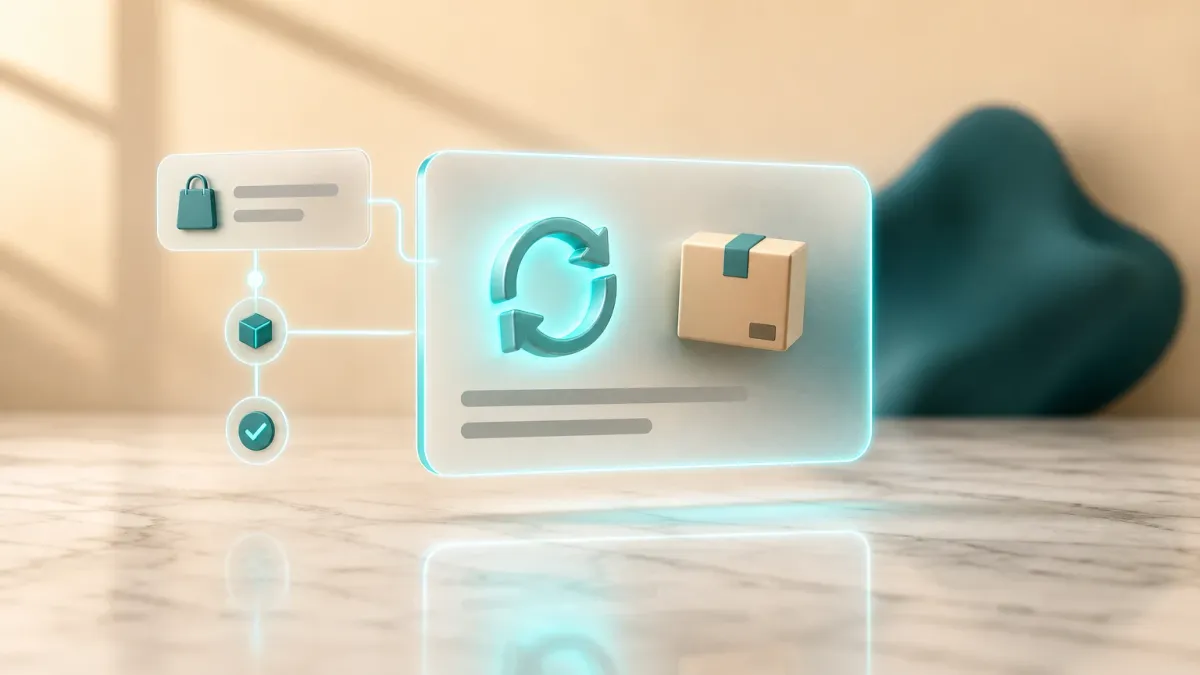 3D-Illustration eines leuchtenden Kreispfeil-Icons (Wiederholen) neben einem kleinen Paket-Icon